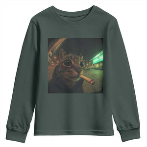 Funny Smoking Cat Youth Sweatshirt Retro 90s Grunge Cat Selfie Streetwear Meme TS10 Dark Forest Green Print Your Wear