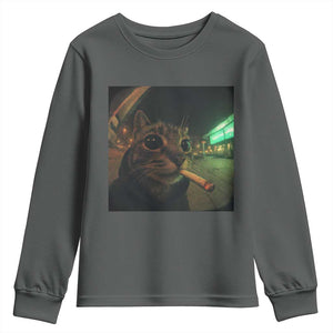 Funny Smoking Cat Youth Sweatshirt Retro 90s Grunge Cat Selfie Streetwear Meme TS10 Dark Heather Print Your Wear