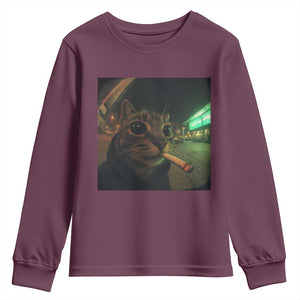 Funny Smoking Cat Youth Sweatshirt Retro 90s Grunge Cat Selfie Streetwear Meme TS10 Maroon Print Your Wear