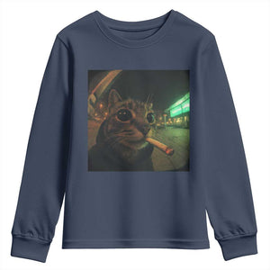 Funny Smoking Cat Youth Sweatshirt Retro 90s Grunge Cat Selfie Streetwear Meme TS10 Navy Print Your Wear