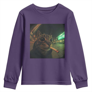 Funny Smoking Cat Youth Sweatshirt Retro 90s Grunge Cat Selfie Streetwear Meme TS10 Purple Print Your Wear