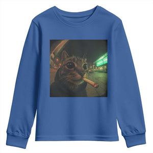 Funny Smoking Cat Youth Sweatshirt Retro 90s Grunge Cat Selfie Streetwear Meme TS10 Royal Blue Print Your Wear