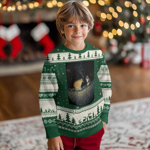 Funny Smoking Cat Ugly Christmas Sweater Retro 90s Grunge Kitty Streetwear Meme TS10 Forest Green Beige Print Your Wear