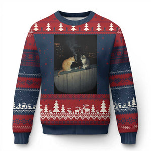 Funny Smoking Cat Ugly Christmas Sweater Retro 90s Grunge Kitty Streetwear Meme TS10 Navy Red Print Your Wear