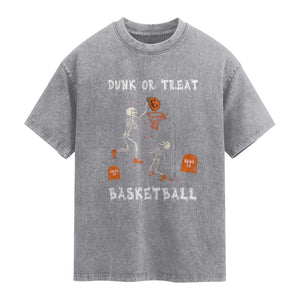 Halloween Skeleton Basketball Washed Cotton T-Shirt Funny Basketballer Sports Player