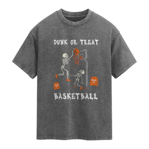 Halloween Skeleton Basketball Washed Cotton T-Shirt Funny Basketballer Sports Player