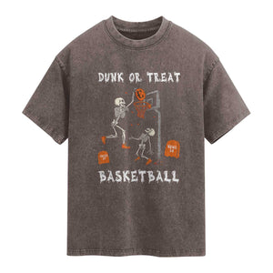 Halloween Skeleton Basketball Washed Cotton T-Shirt Funny Basketballer Sports Player