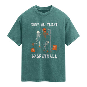 Halloween Skeleton Basketball Washed Cotton T-Shirt Funny Basketballer Sports Player