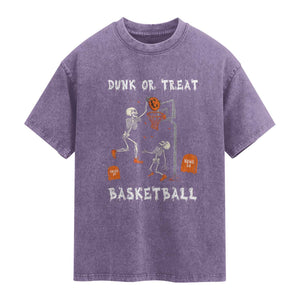 Halloween Skeleton Basketball Washed Cotton T-Shirt Funny Basketballer Sports Player