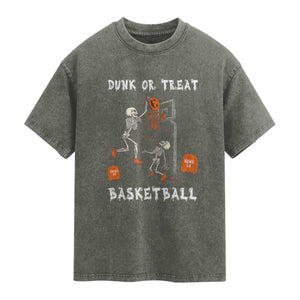 Halloween Skeleton Basketball Washed Cotton T-Shirt Funny Basketballer Sports Player
