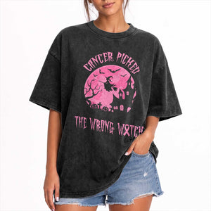 Breast Cancer Halloween Washed Cotton T-Shirt In October We Wear Pink Witch