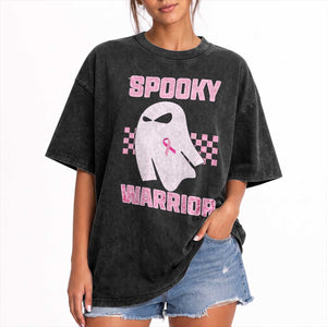 Breast Cancer Halloween Washed Cotton T-Shirt Ghost Wear Pink Ribbon Spooky Warrior