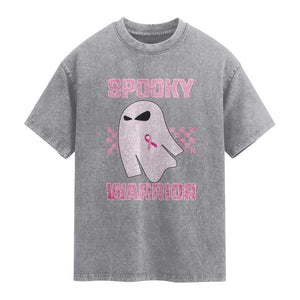 Breast Cancer Halloween Washed Cotton T-Shirt Ghost Wear Pink Ribbon Spooky Warrior