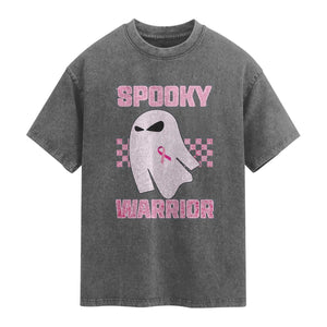 Breast Cancer Halloween Washed Cotton T-Shirt Ghost Wear Pink Ribbon Spooky Warrior