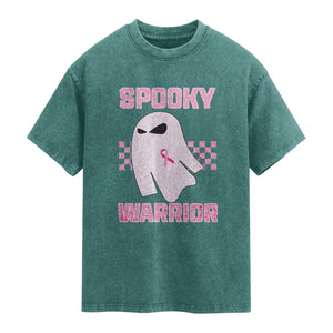 Breast Cancer Halloween Washed Cotton T-Shirt Ghost Wear Pink Ribbon Spooky Warrior