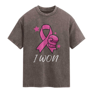 Pink Ribbon Washed Cotton T-Shirt I Won Breast Cancer Awareness