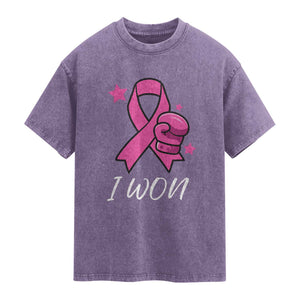Pink Ribbon Washed Cotton T-Shirt I Won Breast Cancer Awareness