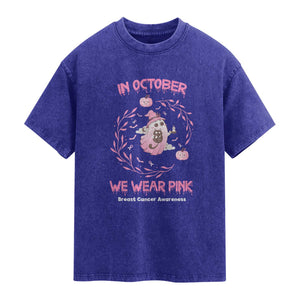 Breast Cancer Halloween Washed Cotton T-Shirt In October Ghost Wear Pink Black Cat