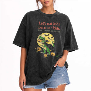 Grammar English Teacher Washed Cotton T-Shirt Funny Halloween Dinosaurs Pumpkin Punctuation Saves Lives