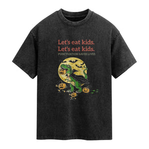 Grammar English Teacher Washed Cotton T-Shirt Funny Halloween Dinosaurs Pumpkin Punctuation Saves Lives