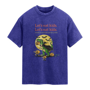 Grammar English Teacher Washed Cotton T-Shirt Funny Halloween Dinosaurs Pumpkin Punctuation Saves Lives