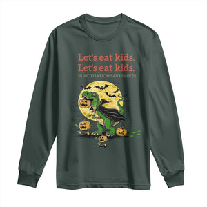 Grammar English Teacher Long Sleeve Shirt Funny Halloween Dinosaurs Pumpkin Punctuation Saves Lives TS10 Dark Forest Green Print Your Wear