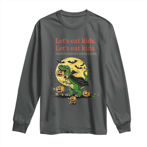 Grammar English Teacher Long Sleeve Shirt Funny Halloween Dinosaurs Pumpkin Punctuation Saves Lives TS10 Dark Heather Print Your Wear