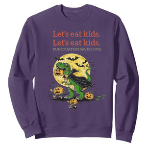 Grammar English Teacher Sweatshirt Funny Halloween Dinosaurs Pumpkin Punctuation Saves Lives TS10 Purple Print Your Wear