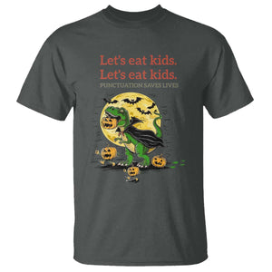 Grammar English Teacher T Shirt Funny Halloween Dinosaurs Pumpkin Punctuation Saves Lives TS10 Dark Heather Print Your Wear