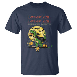 Grammar English Teacher T Shirt Funny Halloween Dinosaurs Pumpkin Punctuation Saves Lives TS10 Navy Print Your Wear