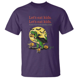 Grammar English Teacher T Shirt Funny Halloween Dinosaurs Pumpkin Punctuation Saves Lives TS10 Purple Print Your Wear