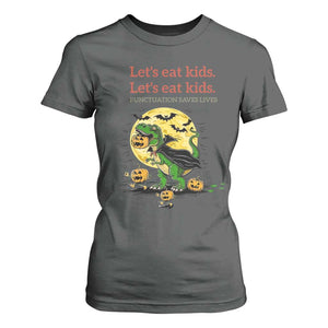 Grammar English Teacher T Shirt For Women Funny Halloween Dinosaurs Pumpkin Punctuation Saves Lives TS10 Dark Heather Print Your Wear