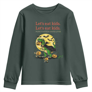 Grammar English Teacher Youth Sweatshirt Funny Halloween Dinosaurs Pumpkin Punctuation Saves Lives TS10 Dark Forest Green Print Your Wear