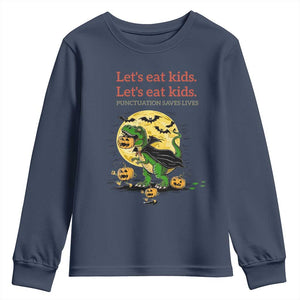 Grammar English Teacher Youth Sweatshirt Funny Halloween Dinosaurs Pumpkin Punctuation Saves Lives TS10 Navy Print Your Wear