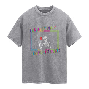 Funny Teacher Washed Cotton T-Shirt I'll Just Wait Until It's Quiet Leopard Teachers Skeleton