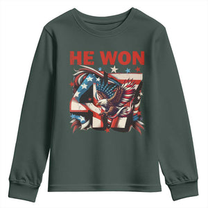 Trump Won Youth Sweatshirt 47 President 2024 US Election Eagle American Flag TS10 Dark Forest Green Print Your Wear