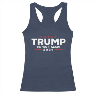 Donald Trump 2024 Racerback Tank Top He Won Again TS10 Navy Print Your Wear