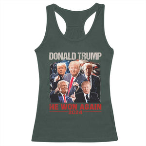 Donald Trump 2024 Racerback Tank Top He Won Again Retro 90s Flag TS10 Dark Forest Green Print Your Wear