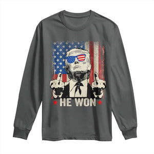 Trump Won 2024 Long Sleeve Shirt Middle Finger 45 47Th President Usa Flag TS10 Dark Heather Print Your Wear