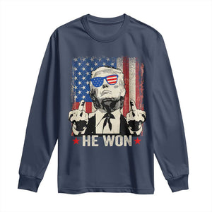 Trump Won 2024 Long Sleeve Shirt Middle Finger 45 47Th President Usa Flag TS10 Navy Print Your Wear