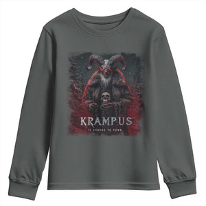 Krampus Is Coming To Town Youth Sweatshirt Gothic Dark Xmas Gift Horror Holiday TS10 Dark Heather Print Your Wear