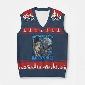 Funny Alpha Wolf V-Neck Knit Sweater Vest Don't Worry Kitten Daddy's Here 90s Vintage Bootleg TS10 Navy Red Print Your Wear