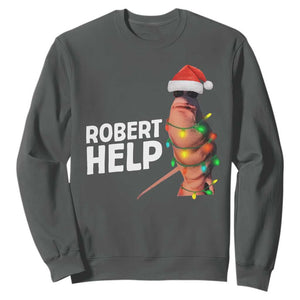 Marcus The Worm Christmas Sweatshirt Robert Help Internet Weirdcore Brainrot Humor TS10 Dark Heather Print Your Wear