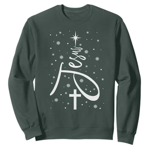 Jesus Christmas Tree Sweatshirt Christian Faith TS10 Dark Forest Green Print Your Wear