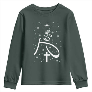 Jesus Christmas Tree Youth Sweatshirt Christian Faith TS10 Dark Forest Green Print Your Wear