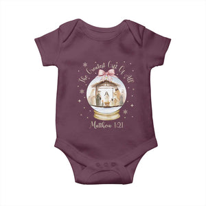 Nativity Scene Christmas Baby Onesie The Greatest Gift of All Christian Coquette Bow Matthew 1:21 TS10 Maroon Print Your Wear