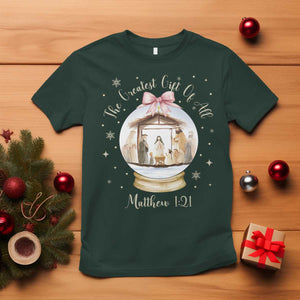 Nativity Scene Christmas T Shirt The Greatest Gift of All Christian Coquette Bow Matthew 1:21 TS10 Dark Forest Green Print Your Wear