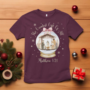 Nativity Scene Christmas T Shirt The Greatest Gift of All Christian Coquette Bow Matthew 1:21 TS10 Maroon Print Your Wear