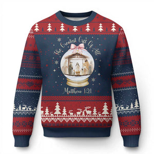 Nativity Scene Xmas Ugly Christmas Sweater The Greatest Gift of All Christian Coquette Bow Matthew 1:21 TS10 Navy Red Print Your Wear