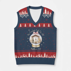 Nativity Scene Xmas V-Neck Knit Sweater Vest The Greatest Gift of All Christian Coquette Bow Matthew 1:21 TS10 Navy Red Print Your Wear